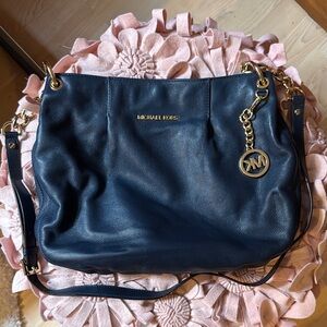 Michael Kors Blue Leather Shoulder Bag with Gold Hardware